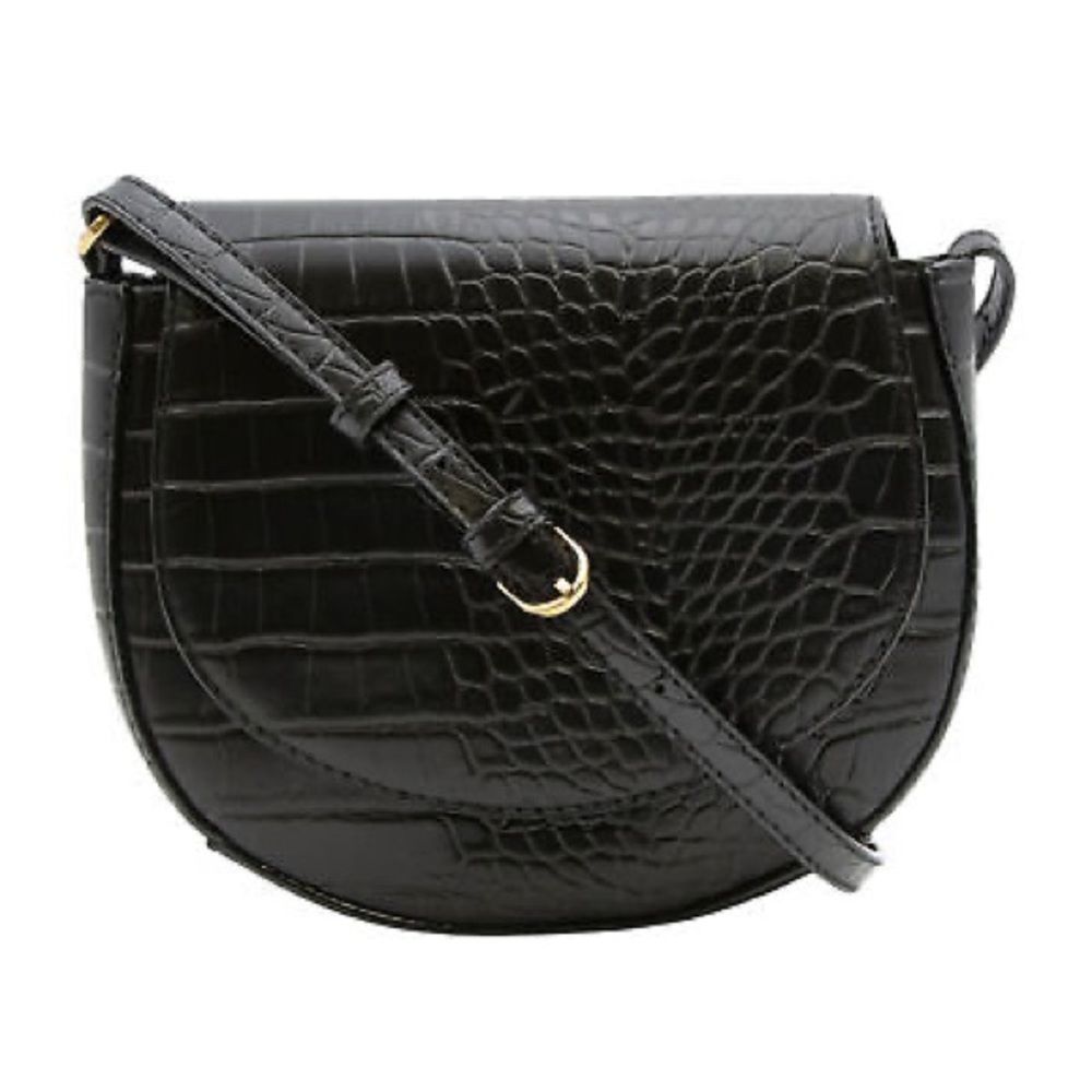 Faux Crocodile Black Saddle Crossbody Bag